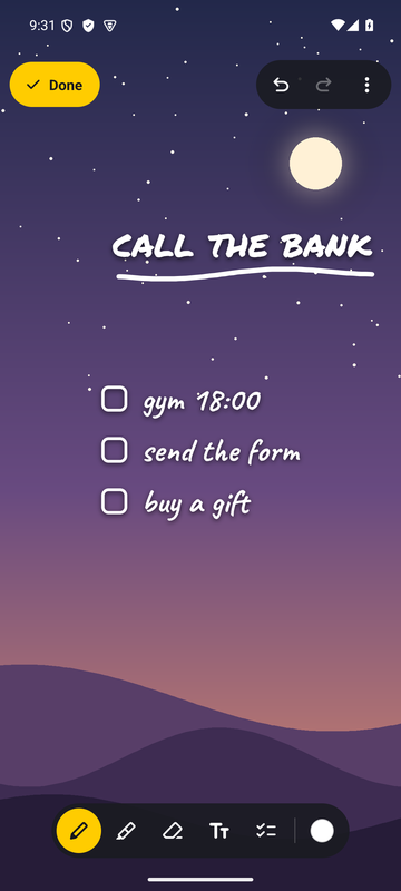 WallNote's editor: a note and a to-do list written on a night-sky wallpaper